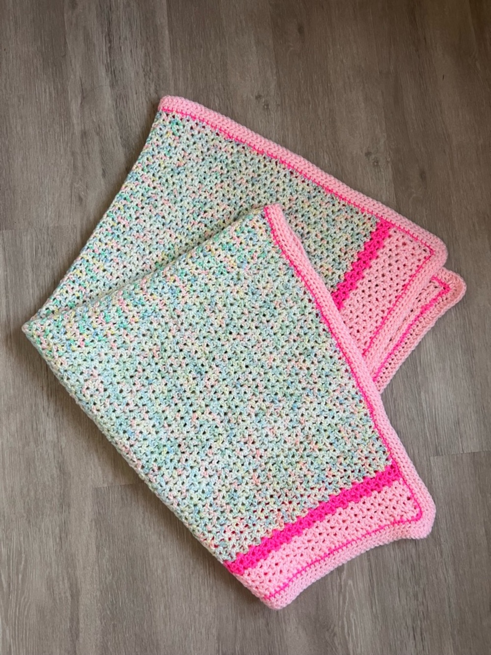 Handmade Pink Trim Pastel Crochet Baby Blanket 41x35